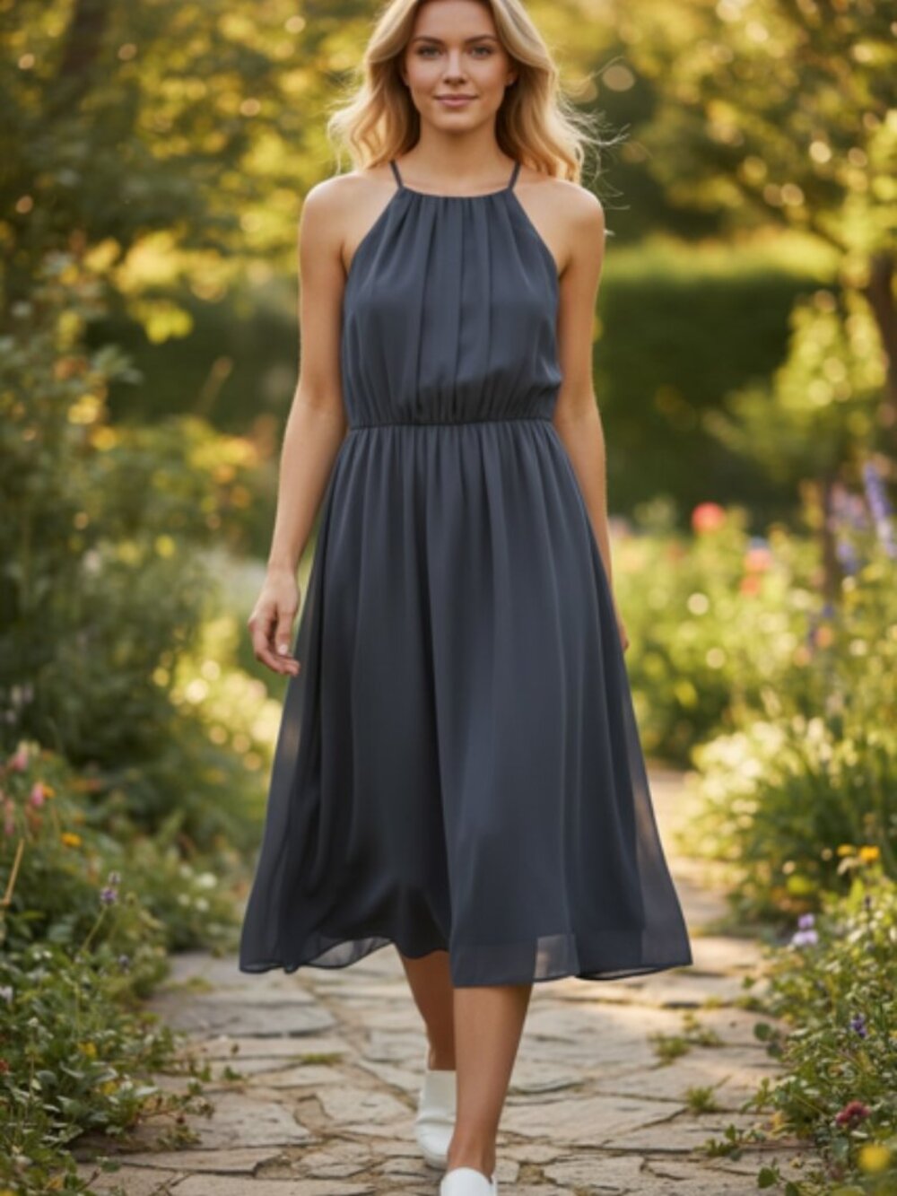 I.N. San Francisco Sleeveless Halter Dress Fit & Flare Navy Blue NWT Sz S